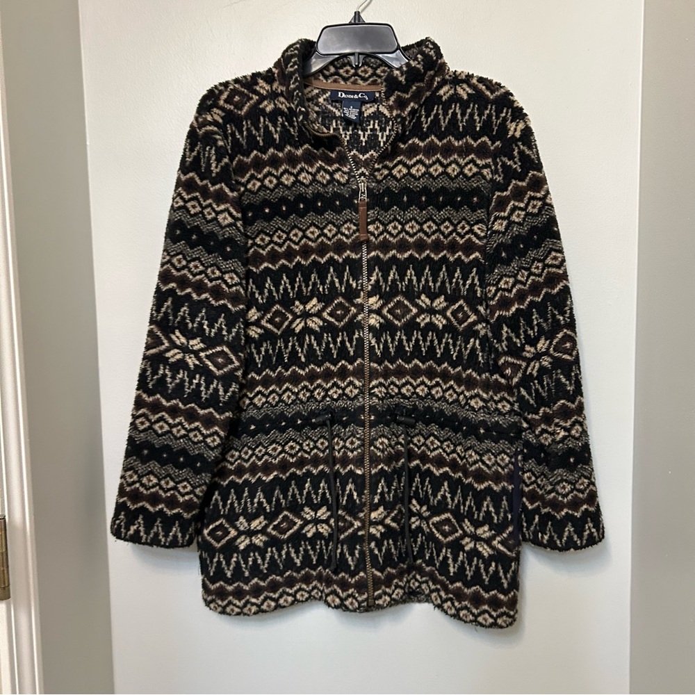 Denim & Co Jacket Granola Nordic Fair Isle Print Full Zip Teddy Drawstring Small